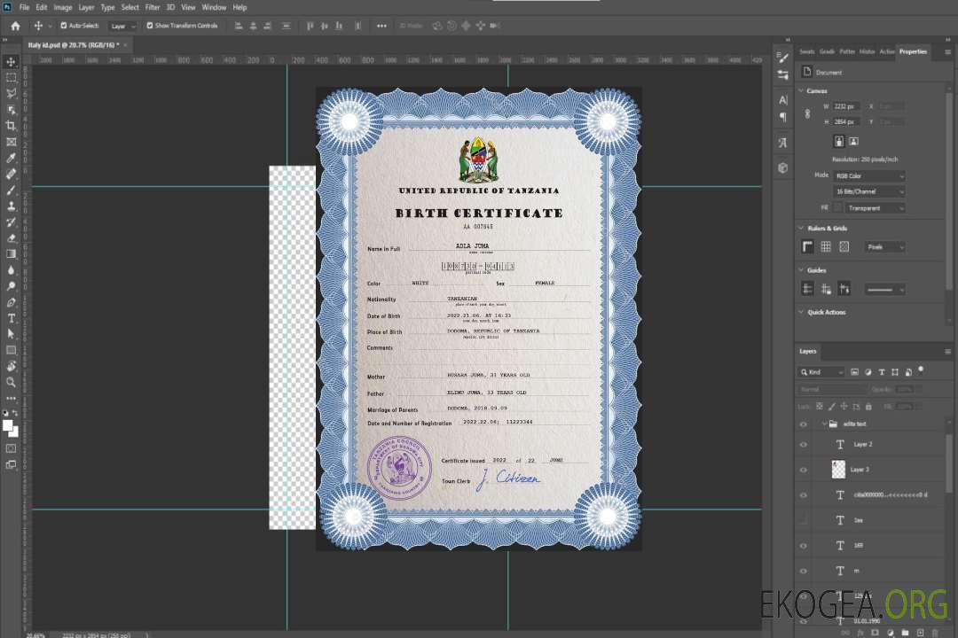 Modèle PSD de certificat de naissance en Tanzanie template Modèle PSD de certificat de naissance en Tanzanie template